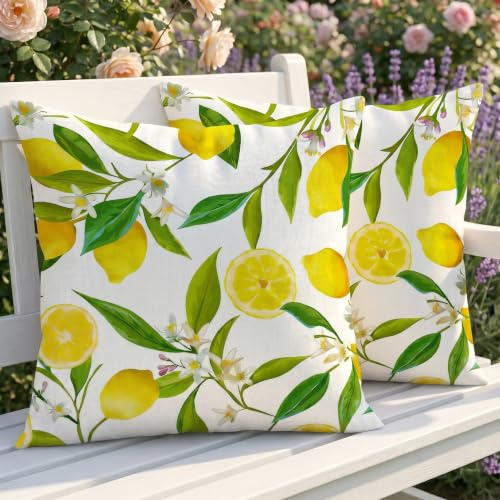Luzzxfa 2er Set Outdoor Kissenbezug 40x40 cm Wetterfest Zitrone Dekokissen Zweiseitiges Muster Sommer Blumen Sofakissen Modern Kissen Leinen Kissenbezüge Dekorative für Sofa Garten Balkon Camping