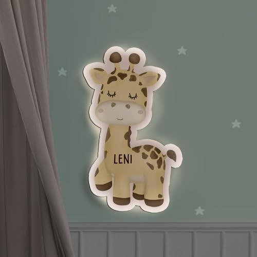 hellomini Personalisierbares LED-Nachtlicht mit Name für Kinder & Babys | Holz-Wandlampe | Schlummerlicht mit Motivwahl – Geschenk zur Geburt & Taufe (Giraffe Aquarell)
