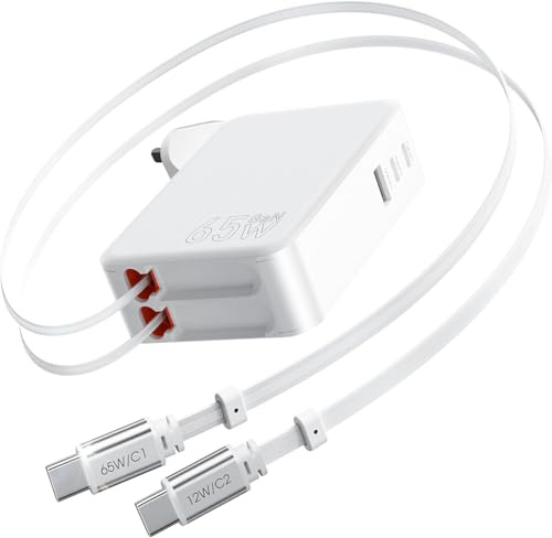 65W for MacBook Pro Charger,5-in-1 Retractable Wall Charger Plug for iPhone | Retractable Wall Charger for iPhone,Dual 3.94 ft PD USB C Cable&3 Ports,Fast Charging Block for Mac Book,iPad,Galaxy,Pixel