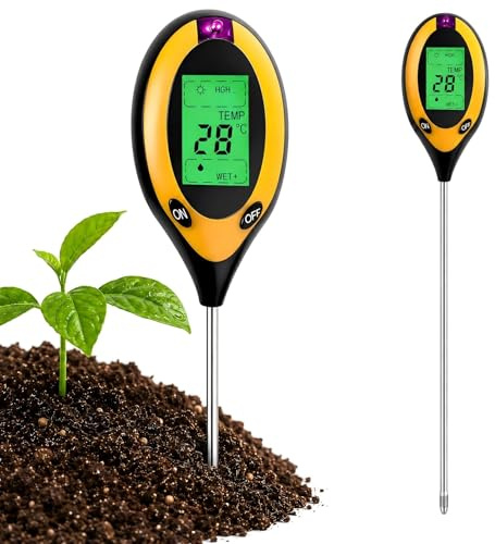Testeur Humidité Plante pH Température Lumière 4-en-1, Phmètre pour Sol Light Meter Jardin Pelouse Ferme Intérieur Extérieur Hygrometre Plante Alimenté par 6F22 9V (Batterie Non Incluse)