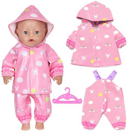 Puppenkleidung Regenmantel Set für 35–45 cm Puppen (14–18 Zoll) – 3-teilige Puppenbekleidung mit wasserdichter Puppen Regenjacke im rosa Cartoon-Design, Puppenzubehör für Babypuppen, ohne Puppe