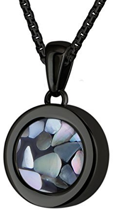 Quiges Schwarze Anhänger Edelstahl 12mm Mini Coin Halter und Graue Kieselstein Muschel Coin mit Kette 42 + 4cm Verlängerungskette