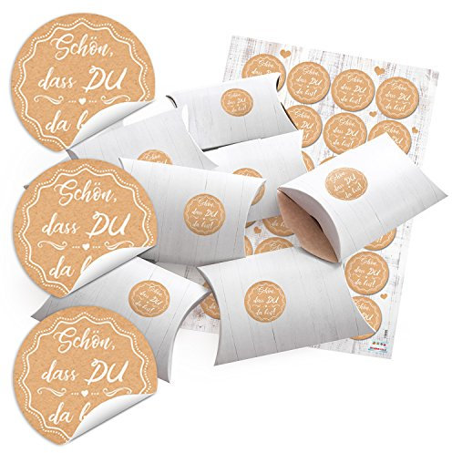 Logbuch-Verlag 24 kleine Gäste Geschenk Schachteln 14,5 x 10,5 x 3 cm + 24 Sticker Schön dass Du da bist weiß natur für Kommunion Hochzeit Geburtstag