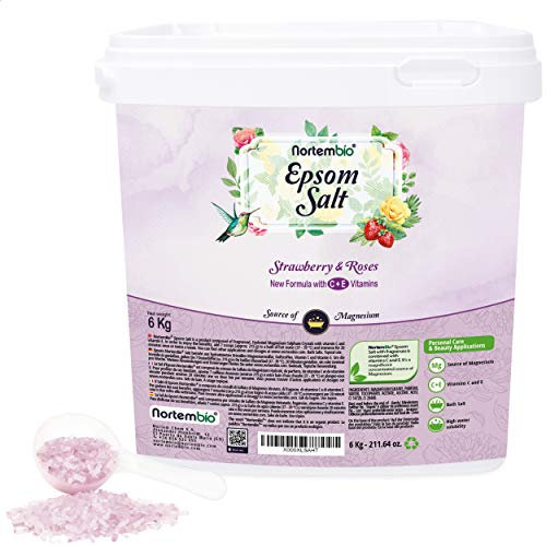 Nortembio Epsom Salz 6 Kg. Neuartigen Duft von Rosen und Erdbeeren. Hydratisiert mit Vitamin C und E. Badesalz und Körperpflege. E-Book Inklusiv.