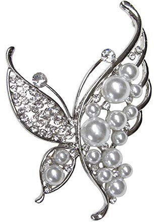 Broche acier argenté papillon et perles nacrées.