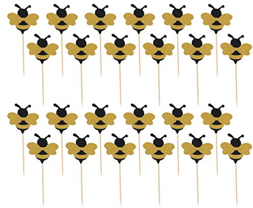 NUOBESTY 30 Stücke Biene Kuchen Topper Cupcake Picks Golden Glitzer Kuchen Dekoration Cocktailspieße Tortenstecker Cocktail Deko Picker für Baby Mädchen Kinder Geburtstag Party Deko