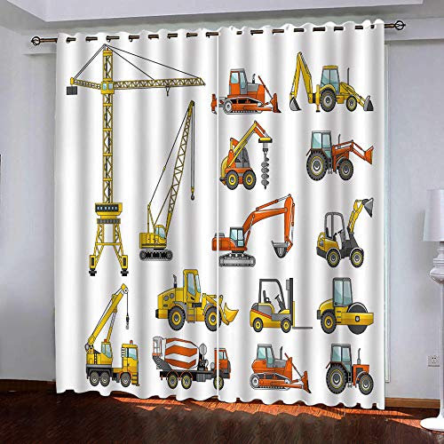 JYNVOAT Vorhang Blickdicht Kinderzimmer - Thermo Gardinen Blickdicht Bagger, Baufahrzeug Vorhänge für Schlafzimmer Dekoschal Ösenvorhang,Farbe, 2er Set B 70 x H 160 cm