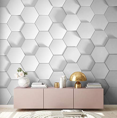 abstrakte XXL Fototapete 3D Effekt Geometrische Tapete Betonoptik Moderne Hexagon Weisse Vliestapete