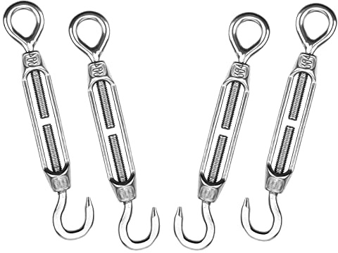 Metown 304 Stainless Steel M4/ M6/ M8 Hook & Eye Turnbuckle Light Duty Wire Rope Tension Turnbuckle Wire Rope, for Tent Installation, Sun Shade, Anti-Rust (M4 4Pcs)