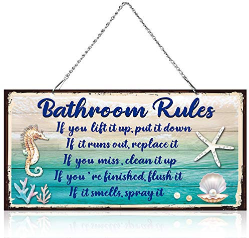 Seashell Bathroom Rules Decor Signs Wall Ocean Theme Beach Seashell Starfish Decor for Metal Sign Hanging Wall Funny Bathroom Rules Art Decorative, Blue and White(10 x 5 Inch)