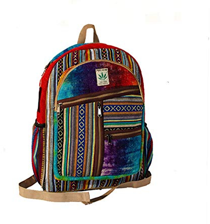Hemp Backpack | 100% Pure Hemp - All Natural Handmade Multi Pocket Large Laptop Backpack | Travel Backpack - for Women and Men | Laptop Sleeve -Water Bottle Pockets | Boho Hippie - Rainbow