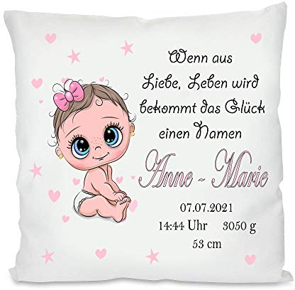 Personalisiertes Geburtskissen mit Namen und Geburtsdaten | Babykissen| Fotokissen | bedrucktes Kissen | Kissen | Motivkissen | Geschenke zur Geburt, Taufe | 40 x 40 cm (Mädchen, ohne Kissenfüllung)