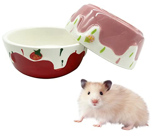 2 Pack Hamster Food Bowl Small Animals Ceramic Food Water Bowl Prevent Tipping Moving for Guinea Pig Gerbil Chinchilla Hedgehog Rat (Color: Pink + Red)