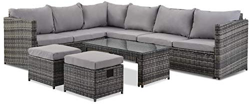 MOWIN 10 Piece Garden Rattan Furniture Set 7 Seater Modular Corner Sofa, Coffee Table, 2 Stools Set Weather Proof Rattan Wicker Weave Steel Frame Outdoor Garden Furniture Patio Conservatory Sofa Set