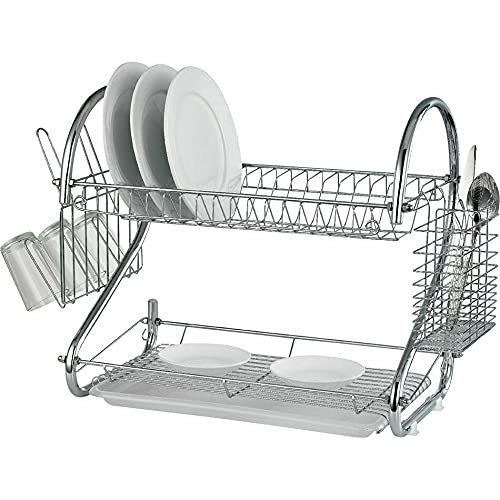 2 Tier Chrome Drainer Rack - With Drip Tray Plates Holder | Storage, Organiser, Space Saving | Drip Tray To Prevent Water Dripping Around Sink Area | Suitable For Drying Plates, Dish's, Cutlery & Cups