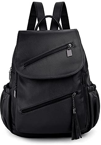 UTO Damen Rucksack PU-Leder Doppelschräger Reißverschluss Große Schwarz