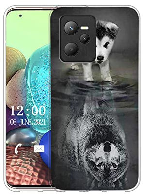 Sunrive Hülle Kompatibel mit Realme C35 Silikon, Transparent Handyhülle Schutzhülle Etui Case (TPU Wolf & Hund)+Gratis Universal Eingabestift MEHRWEG