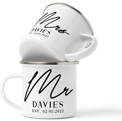 WOWZ DESIGN & PRINT DESIGN LTD Personalised Mr & Mrs Tin Mugs, Newlyweds Gifts, Name and Date 10 Year Wedding Anniversary Mug Set, Travel, Camping, Fishing Gifts