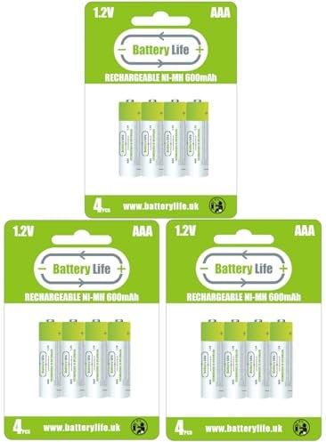 Battery Life AAA Rechargeable Batteries (12 pack) 600mAh Ni-MH 1.2v Household UK Brand