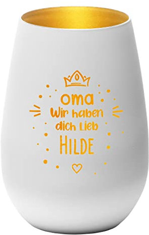 Kerzenhalter aus Kristallglas mit Gravur - Motiv: Oma Liebe - Farbe weiß-Gold - rundes Robustes Glas - personalisiert - Windlicht, Teelicht - LED Tischdekoration - Geburtstag - Großmutter