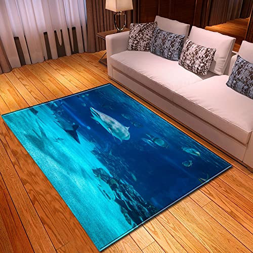 Chickwin Teppich Wohnzimmer Outdoor, Weiche Antirutschunterlage Kurzflor Moderne Teppiche für Schlafzimmer Kinderzimmer Küche Terrasse Schlafzimmer-Meeresfisch Muster (80x120cm,Meeresblau)