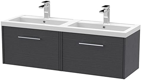 Hudson Reed JNU2222C Juno Modern Bathroom Wall Hung 2-Drawer Vanity with Polymarble Double Basin, 1200mm, Woodgrain Graphite Grey