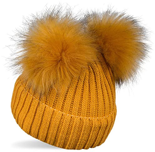 styleBREAKER Kinder Strick Bommelmütze mit 2 Kunstfellbommel und Fleece Futter, Winter Mütze, Strickmütze, 2-5 Jahre 04024203, Farbe:Curry