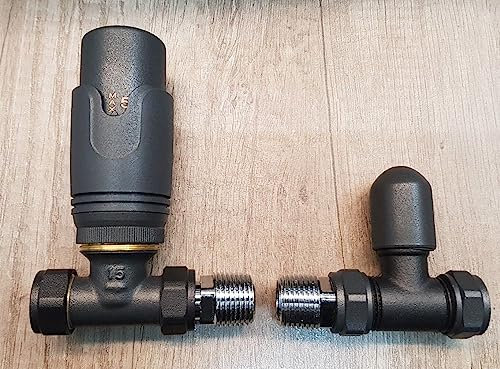 Team Controls Anthracite Grey Straight TRV Thermostatic Radiator Valve & Lockshield 15mm Pack Set Pair