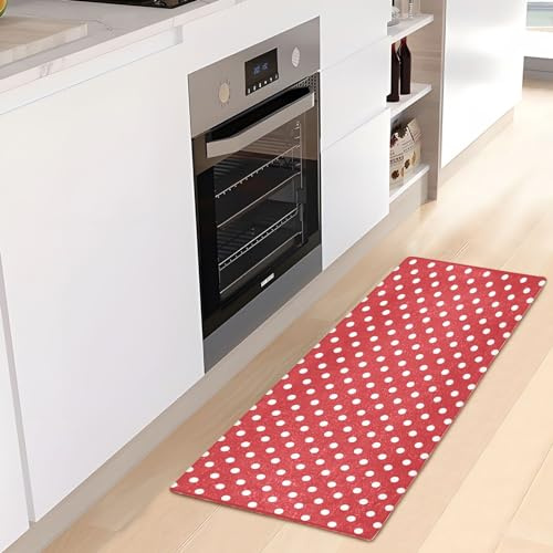 Mnsruu Küchenteppich, Weihnachtsmotiv, Rot / Weiß, gepunktet, Fußmatte, rutschfest, für Wäsche, Badezimmer, 99 x 51 cm