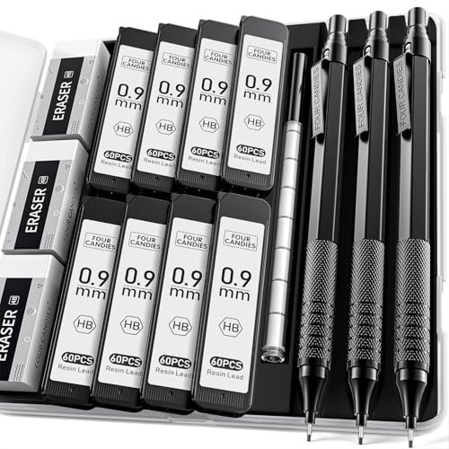 Four Candies Lot de porte-mines de 0,9 mm avec étui, crayon d'artiste en métal avec 8 tubes (480 pièces), mines HB, 3 gommes, 9 recharges de gomme pour ingénieurs, écriture, dessin, Noir