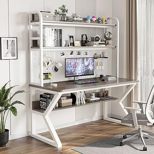 GArcan Computertisch mit Bücherregal und Stecktafel, moderner Studentenschreibtisch, PC-Gaming-Schreibtisch, platzsparender Arbeitstisch (47 Zoll, grau + weißer Rahmen)