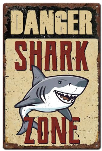 SUPERDANT Hai Blechschild Danger Shark Zone Vintage Deko Metallschild Meerestier Mann Höhle Retro Blechschilder Eisen Altmodisches Blechschilder Wanddekoration Für Spielzimmer Billardzimmer