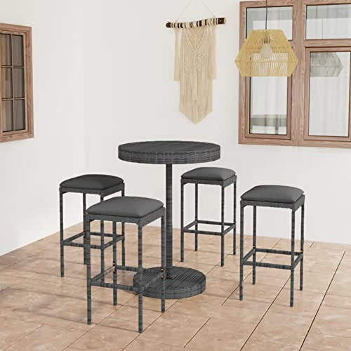 Rantry 5-TLG. Gartenbar Set mit Kissen Theke Stehtisch Gartentheke Bar Tresen Bartisch Barhocker Barstuhl Barhocker Sitzgarnitur Gartenmöbel Balkonset Gartengarnitur Möbel Poly Rattan Grau