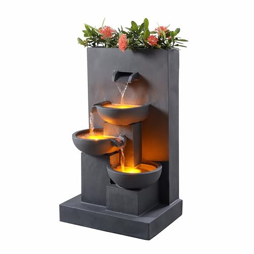 Teamson Home Fontaine d'eau extérieure avec jardinière de 29,13 pouces avec lumières LED, gris mat, Teamson Home