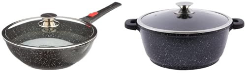 KAMBERG - Wok 30 cm - Manche Amovible - Fonte d'Aluminium - Revêtement pierre - Couvercle en Verre & Marmite Faitout 28 cm - Fonte d'Aluminium - Revêtement Type Pierre - Couvercle en Verre