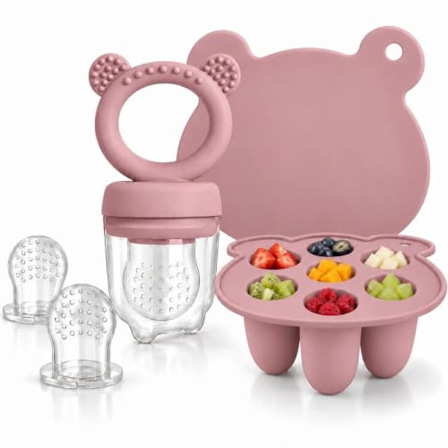 Fruchtsauger Baby - Silikon Frucht Futterstation & Muttermilch-Eis Am Stiel, Gefrierbehälter Für Babynahrung Und Selbstfütterung (Powder Rose)