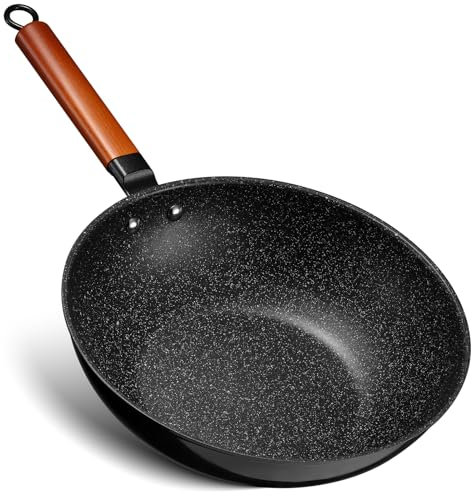 BEZIA Wok à induction anti-adhésif 30 cm avec manche en bois et fond plat Compatible avec tous feux Granit