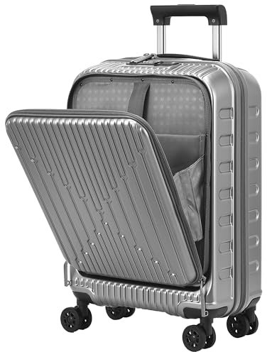 Kaleenie 19-Zoll-Handgepäckkoffer mit Vordertasche für 15,6-Zoll-Laptop, 35 x 23 x 55 cm, 43 l, leichtes ABS+PC-Hartschalen-Handgepäck, Grau