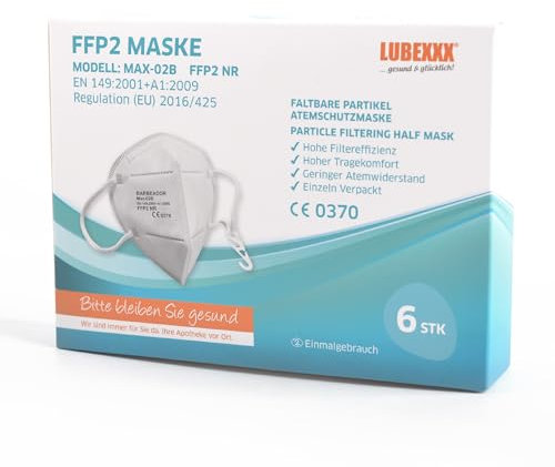 LUBEXXX FFP2 Maske (120 Stück) Atemschutzmaske Staubschutzmasken hygienisch einzelverpackt CE Stelle zertifiziert Mundschutzmaske EU 2016/425 (120 Stück) MHD30.08.2025