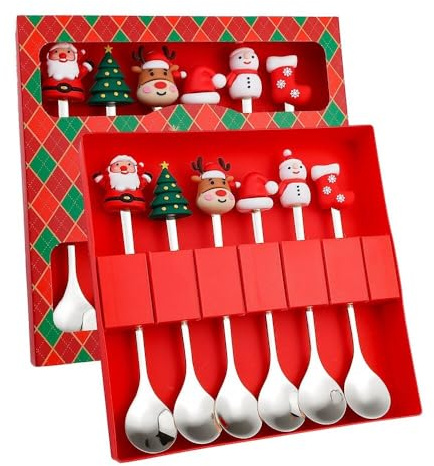 FülleMore 6 Stück Weihnachtslöffel Set aus Edelstahl Teelöffel mit 3D Cartoon Weihnachtsfigur Rührlöffel Dessertlöffel Geschenkbox für Weihnachtsfeier Neujahr Tischdeko (Silber)