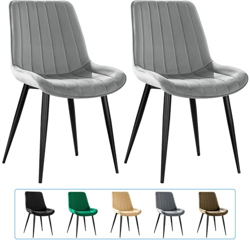 JIJIAN Esszimmerstühle 2er Set, Küchenstühle, Polsterstühle, Wohnzimmerstühle, Design Stuhl mit Rückenlehne, Sitz aus Samt mit schwarzen Metallbeinen, Grau