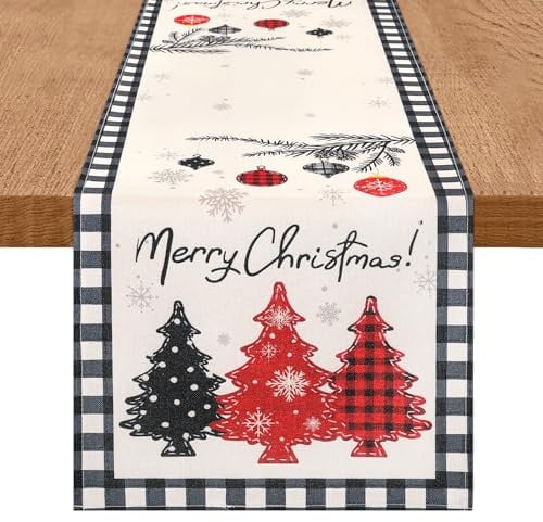 DecorMommt Tischläufer Weihnachten Modern Rot, Tischdeko Weihnachtsläufer 40x140cm, Tischdecke Silvester, Weihnachtsdeko Tisch Äufer, für Urlaub Party Deko( Weihnachtsbaum Rot Schwarz)