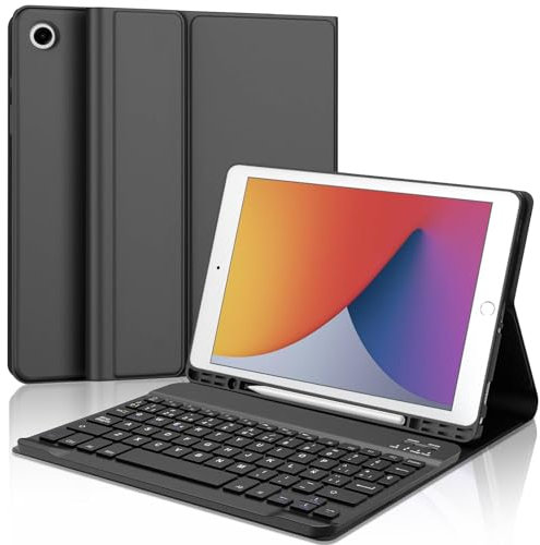 iPad 9 Generation Hülle mit Tastatur 10,2 Zoll für iPad 9/8/7 Gen - Magnetisch Abnehmbarer Tastatur mit QWERTZ Layout, Flexibles TPU Hülle mit Stifthalter, Deutsch (Schwarz-Klassiker)