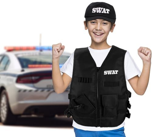 L Swat Kostüm Kinder Mütze Swat Satz Geheimagent Kostüm Kinder Polizei Mütze Einsatzweste Swat Polizei Hut Kostüm Polizei Kopfbedeckung Swat Weste Kinder für Geheimagent Karneval Mottoparty Cosplay