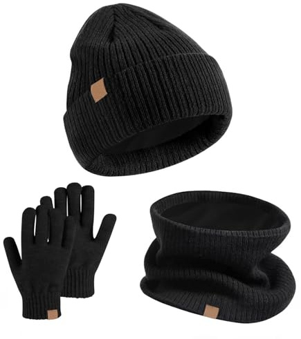 SSKHE 3 PCS Kids Winter Hat Scarf Gloves Set Warm Thermal Knitted Beanie Cap Snood Neck Warmer Touchscreen Mitten Soft Fleece Lining Elastic for Children Aged 5-12 Outdoor Sports (Black)