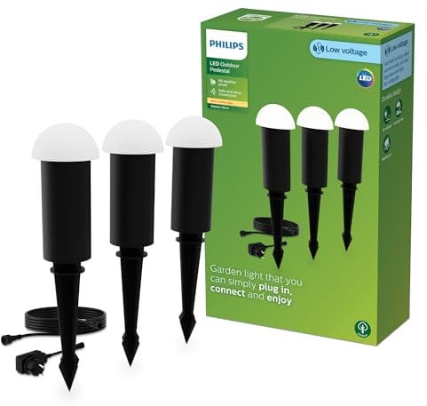 Philips Edwina Outdoor GardenLink Niedervolt- Sockelleuchte, 24 V, 2700K warmweißes Licht, 180 lm, Schwarz, Starter-Set, 3er-Pack, EU-Stecker