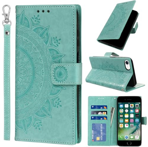 Pnakqil Coque pour iPhone 7/8, iPhone SE 2020/2022 avec Dragonne Portable, Téléphone Etui Protection, Pochette Portefeuille Porte-Cartes Support Rabat Cuir PU Magnétique Étui avec TPU Housse, Vert