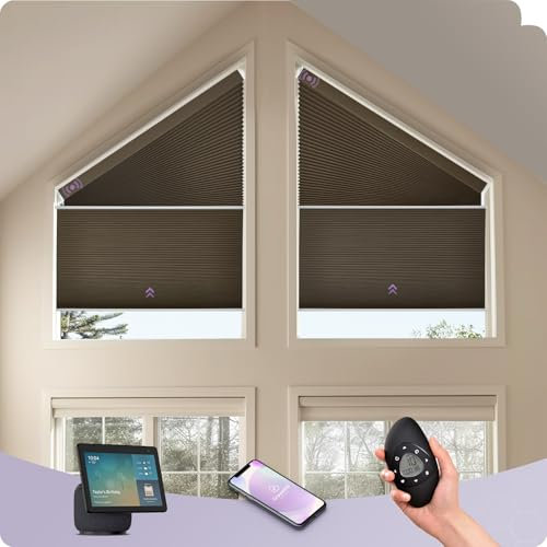 Graywind Elektrische Rollo Innen für Rechtwinkliges Trapezfenster Kompatibel mit Google Alexa, nach Maß Smarte Wabenplissee für Fenster in Sonderformen, Motorisierte Plisse für Giebelfenster, Braun