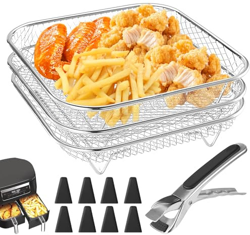 3 Stück Körbe Gitter für Heißluftfritteuse: 304 Edelstahl Air Fryer Racks mit 8 Silikonfüßen, Frytter Edelstahlkörbe Airfryer Körbe, Stapelbare Körbe für Airfryer, Luftfritteusen Regal (Quadratisch)