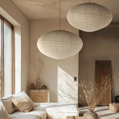METHEDEECO Juego de 2 pantallas de lino bohemias, hechas a mano, ovaladas de 50 cm de diámetro, pantalla de tela minimalista para sala de estar, dormitorio, pasillo y comedor